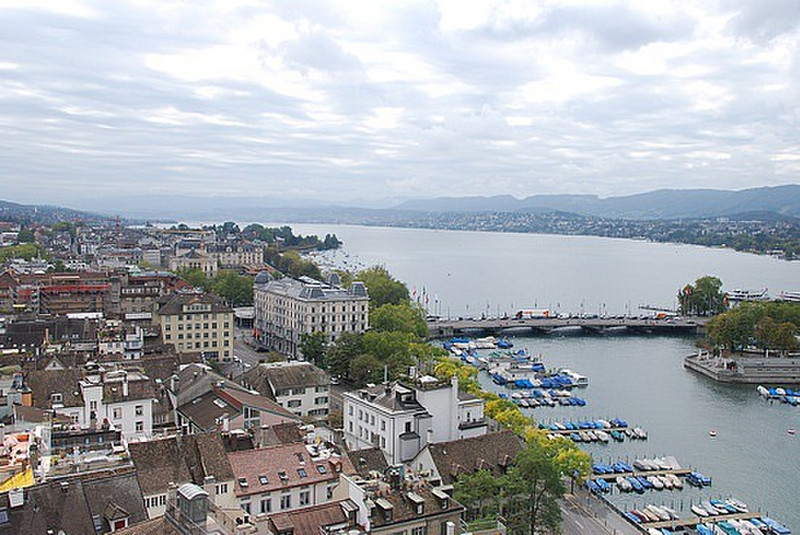 The river Limmat and Lake Zurich from a church tow