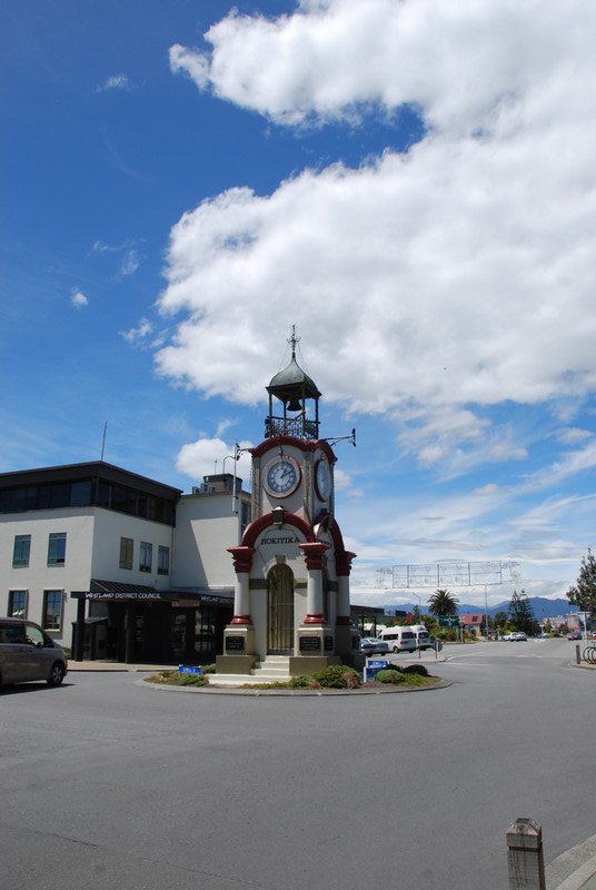 The Hokitika clock tower in the center of town.
