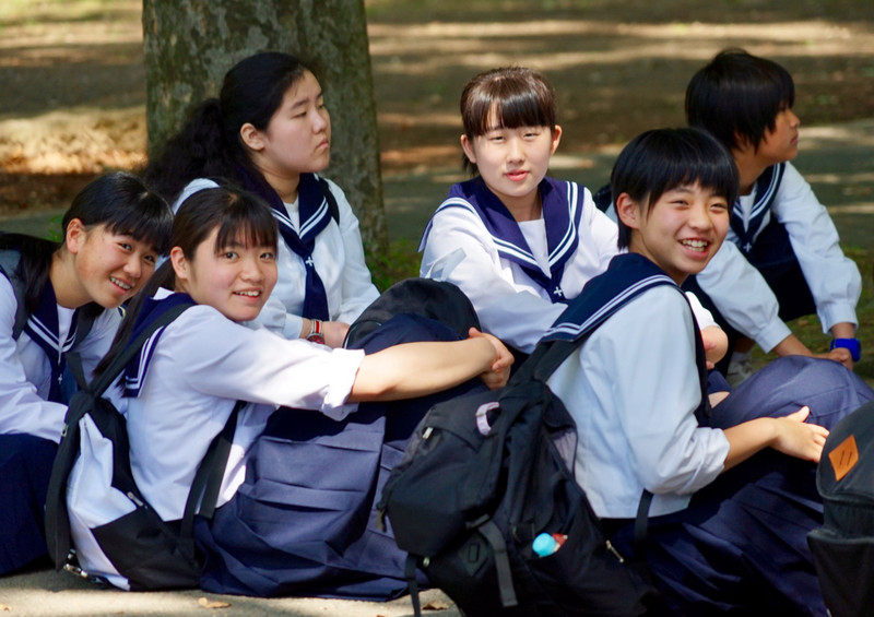 School girls in sailor suit uniforms, Ueno Park