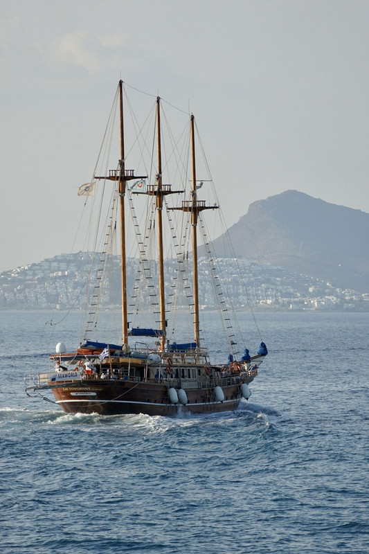 Ship leaving Kos, with Turkey in the background