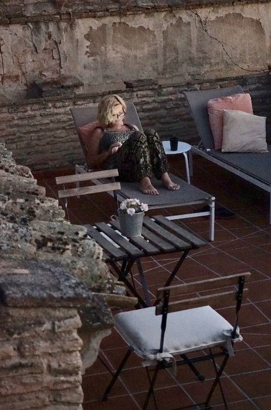 Relaxing on our rooftop terrace, Toledo