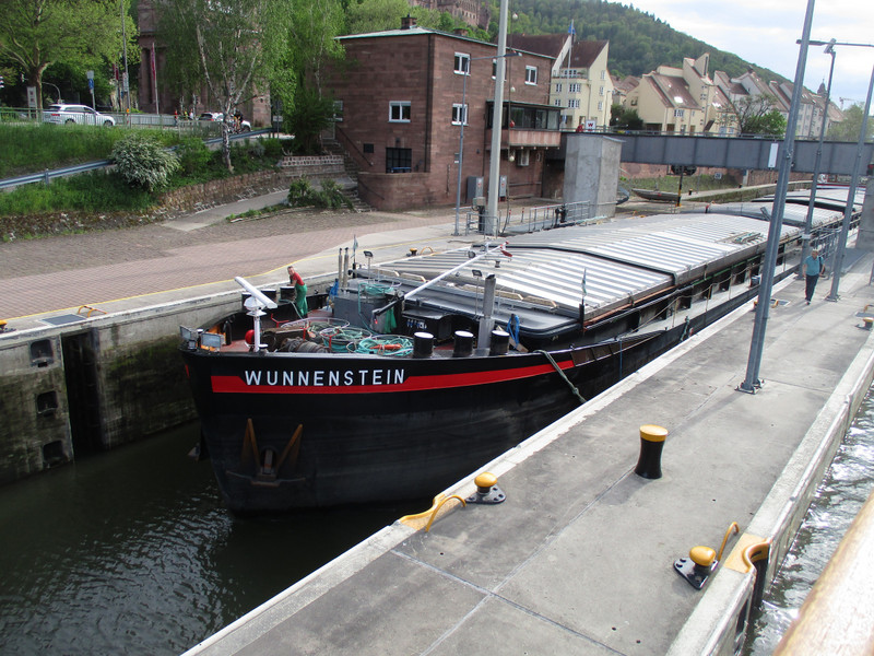 Gigantic barge passing through locks on the Neckar