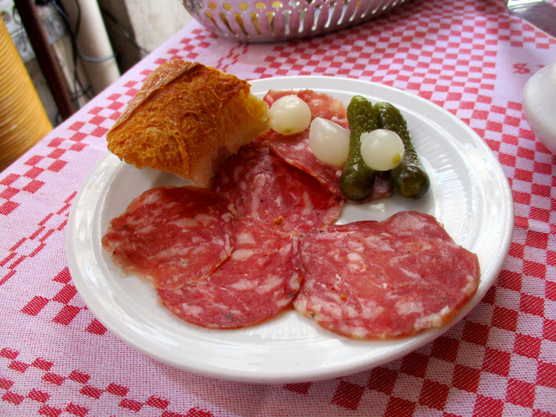 Salami, pickles and onions