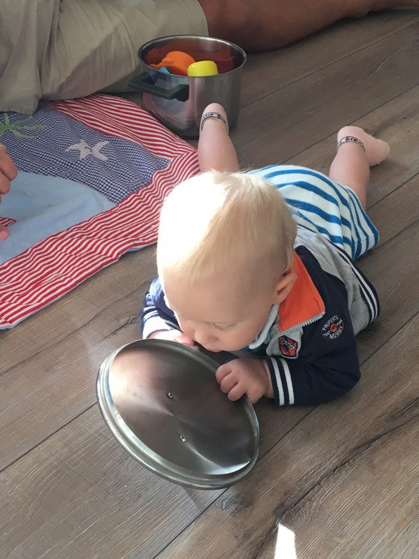 Playing with a pot, pan and serving spoon :)