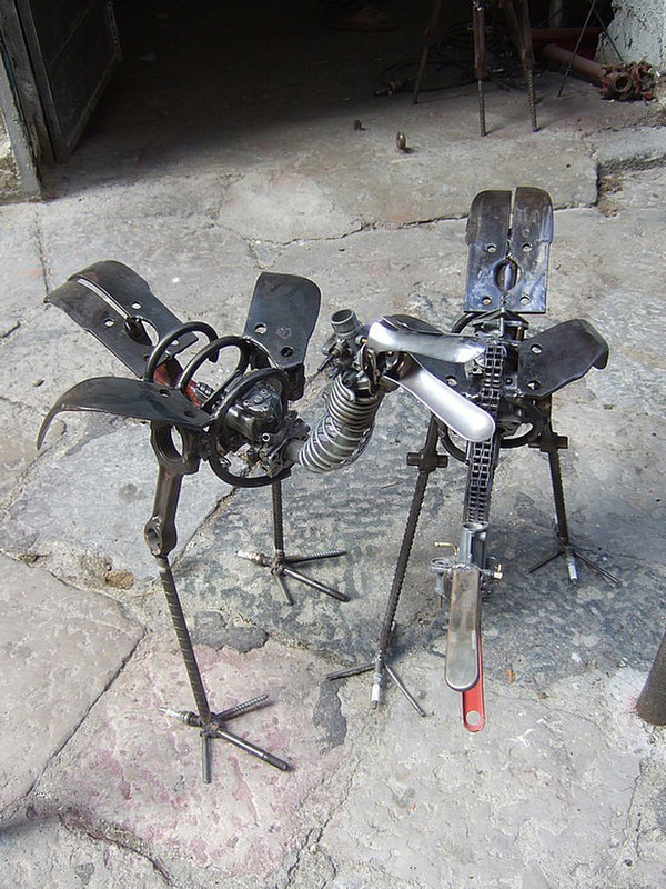 quirky metal birds from old car bits