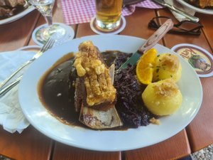 Pork Shoulder with Crackling with Potato Dumplings and Red Cabbage