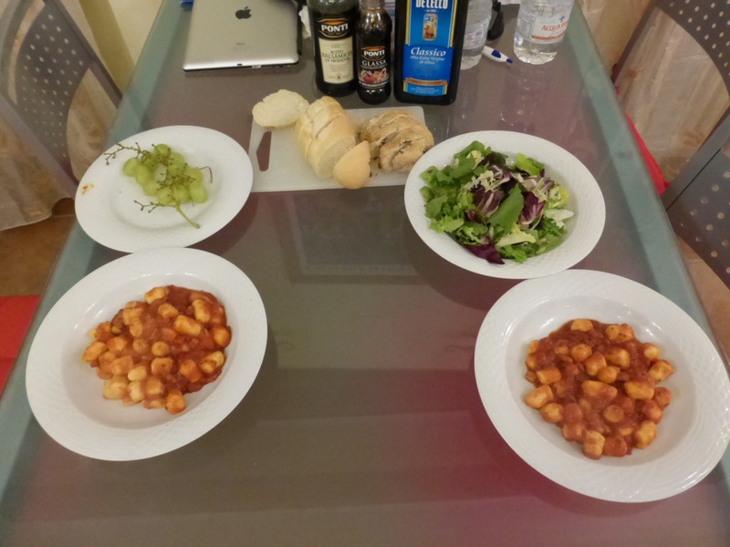 Dinner in of gnocchi, salad, bread, yummy!
