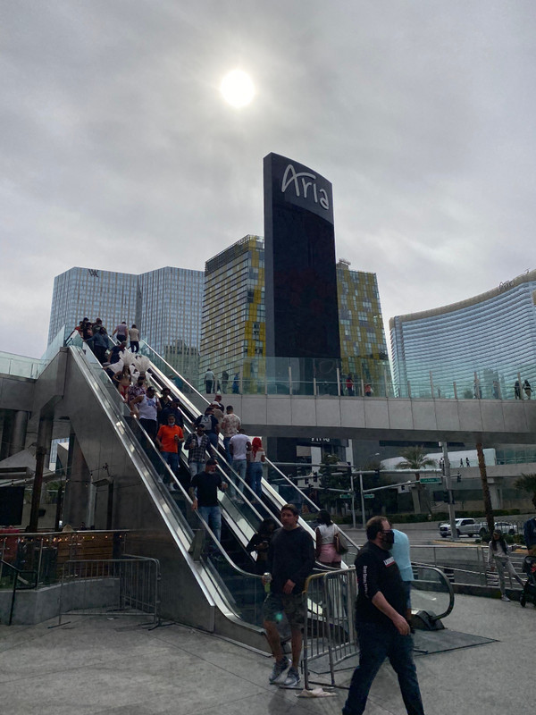 Taking the escalators back to the walk bridge to explore south part of the strip today