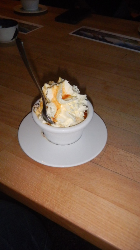 Rye bread ice cream with Rhubarb caramel sauce