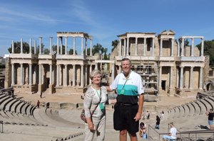 Patrick/me, rebuilt Roman theatre,  Merida, Spain