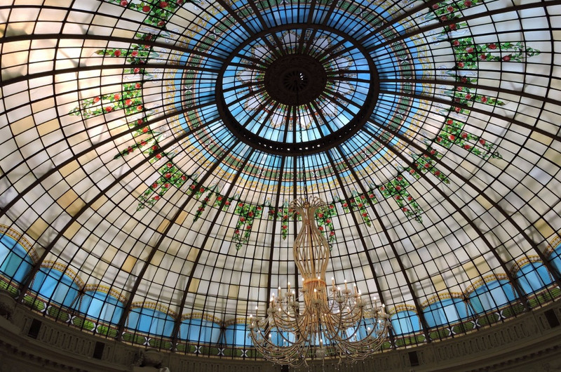 Glass-domed ceiling of lobby at Westin Palace