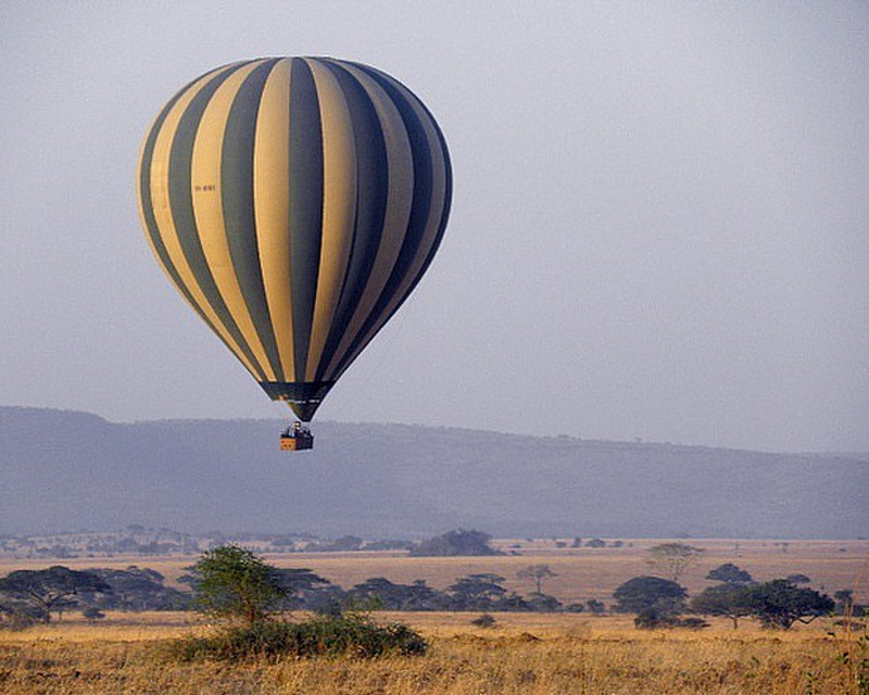 Hot air balloon takes off over Serengeti