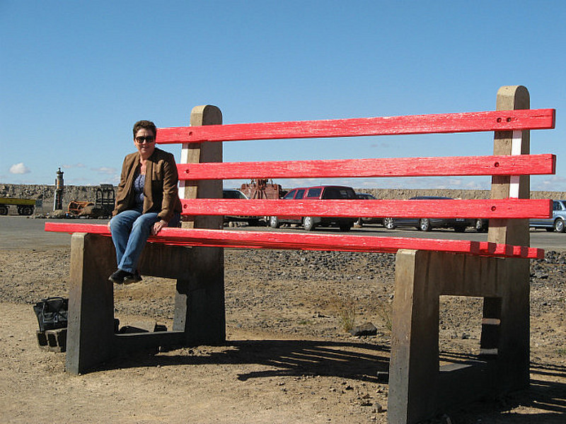 Debi on a giant bench, &#39;Line of Load&#39;