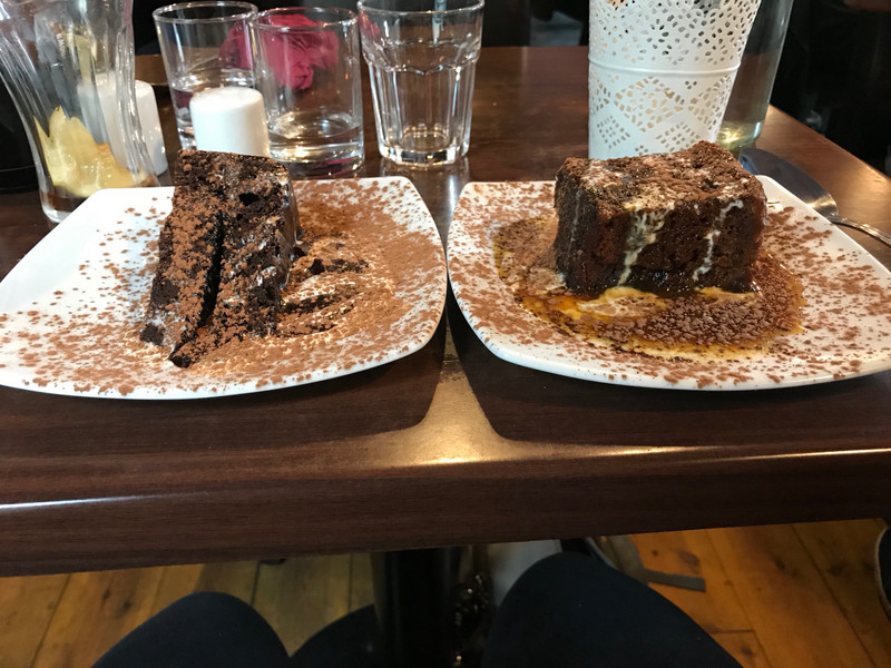 Chocolate cake on the left, Sticky Toffee Pudding on the right