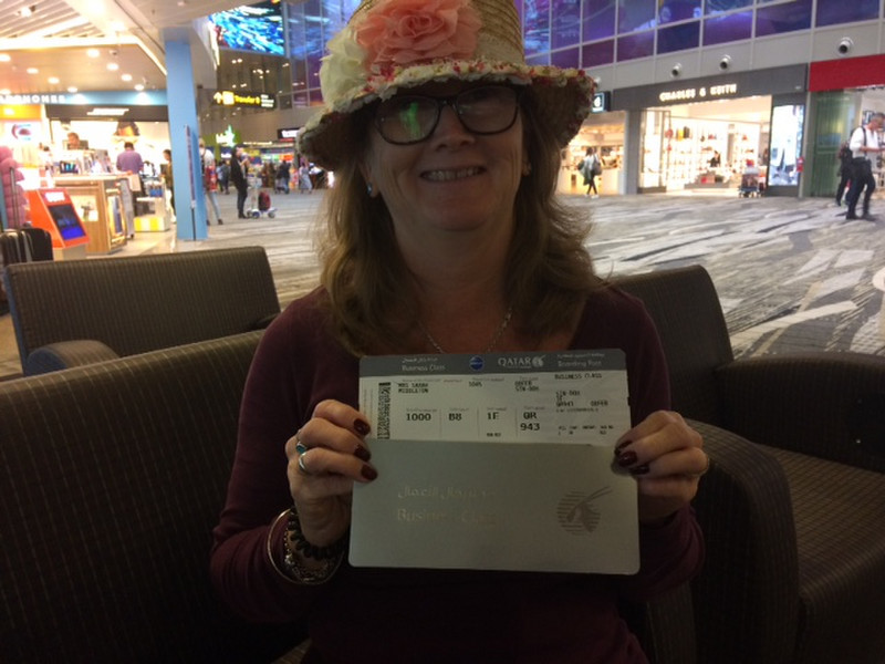 Sarah’s lucky hat....we were upgraded to Business Class Singapore to Doha
