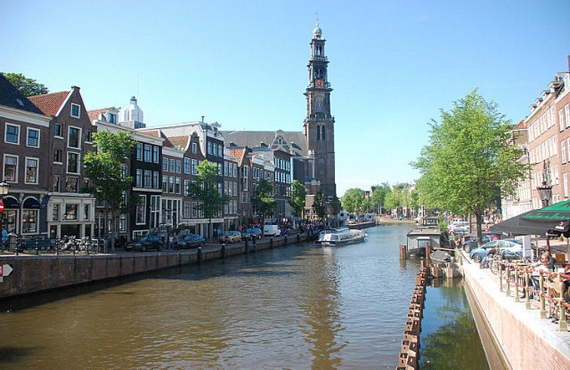 View along the canal to Anne Frank and Westerkerk