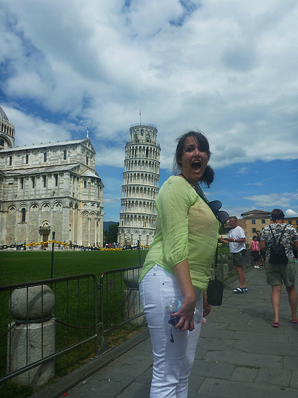 Regan holding up the leaning tower