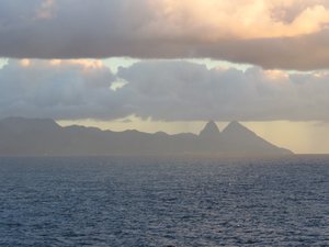 Departing from St Lucia at sunset, Pitons on right