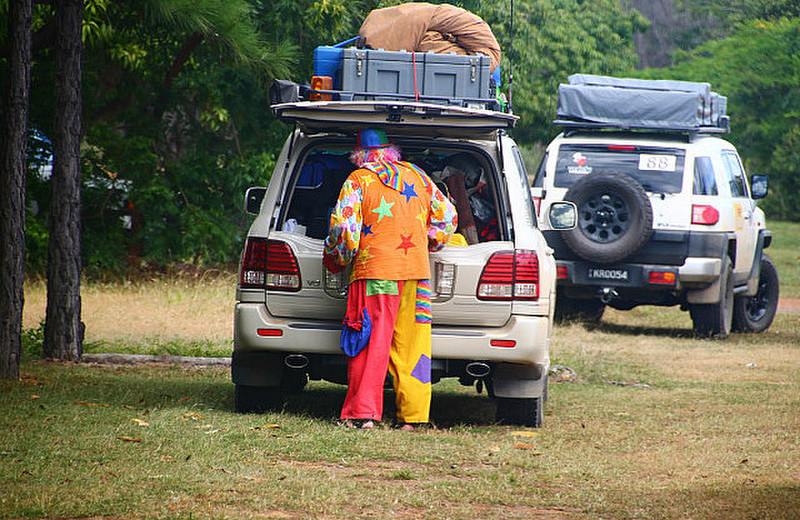 Clown travelling in outback 