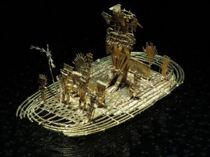 Replica of raft taking Cacique into lake