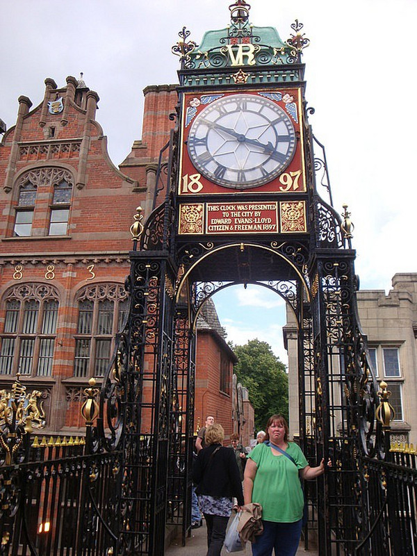 Malinda and Clock tower in Chester, England