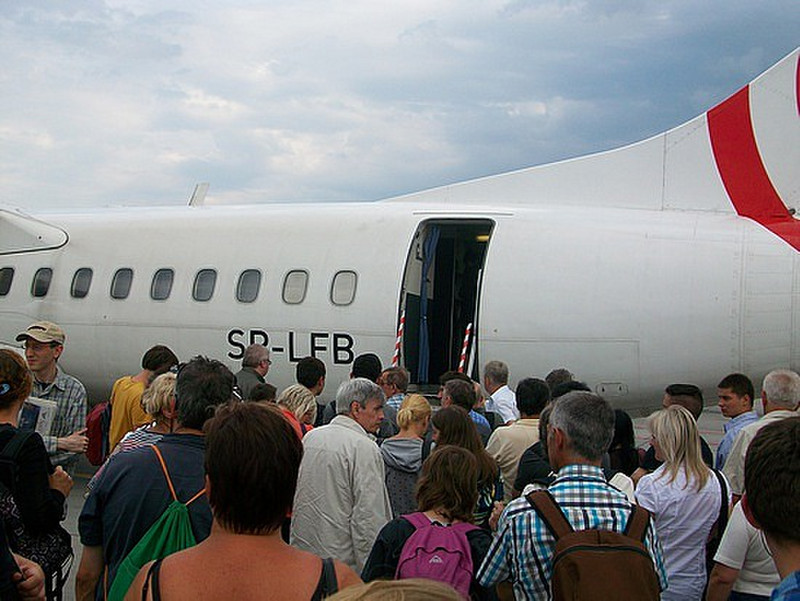Steps onto plane provided via rear door