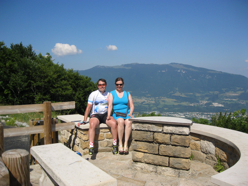 Tom and Caroline at a lookout over Bellegarde-sur-Valserine