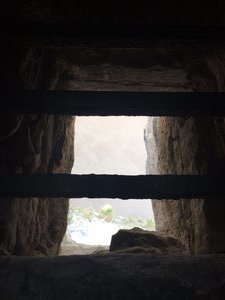view through the grate below the 2 windows