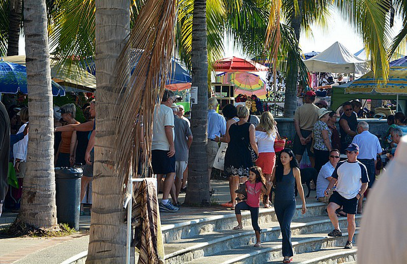 Market stalls along the marina