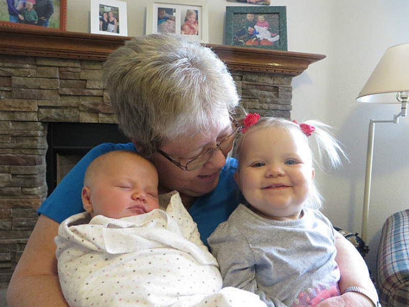 Grammie with Lucy (6 weeks) and Emily (18 months)