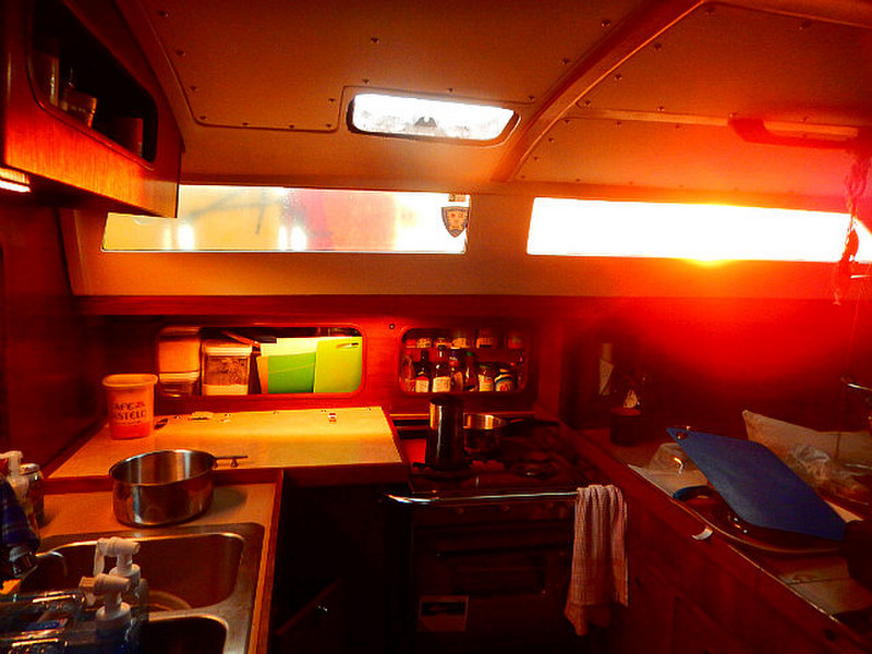 Sunlight at sunrise in our galley.