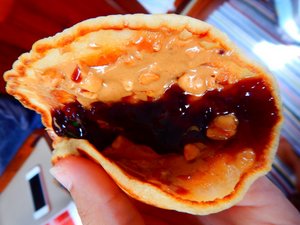 Next day cold pancake with peanut butter and jam