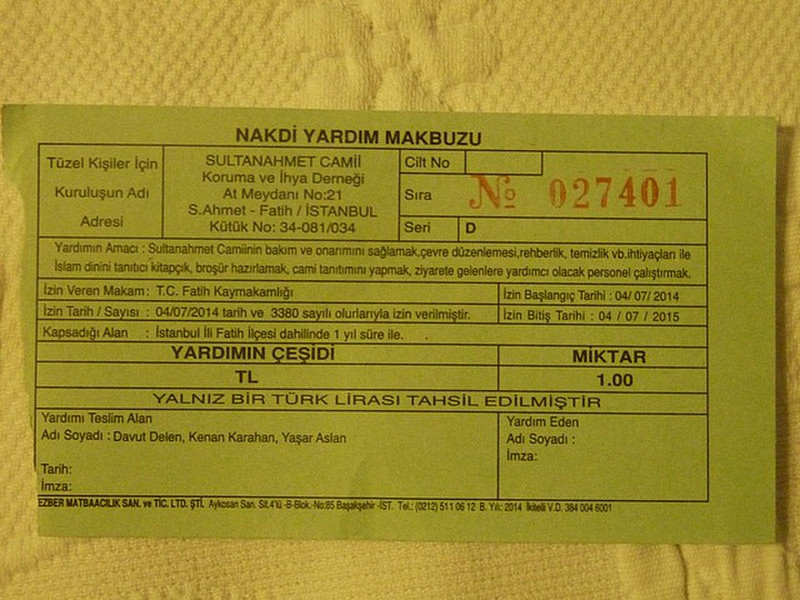 Receipt for my 1 Turkish lira donation.