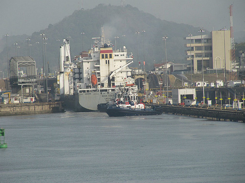 A freighter entering the lock.