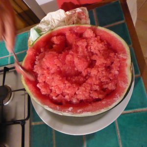 A new dessert, watermelon granita with lots of Vodka