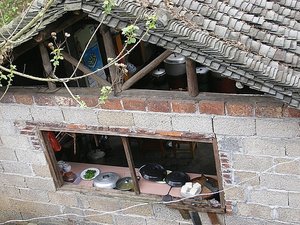 Looking down at the kitchen