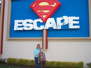 Mel &amp; Mum in front of the Superman ride