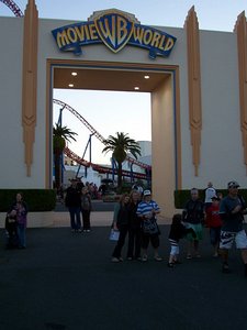 Melissa and Dad at Movie World entrance 