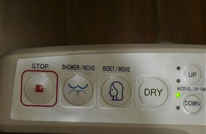 Close-up of half the toilet control panel
