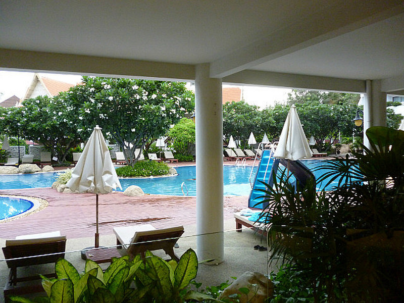 Looking from hotel lobby to main pool
