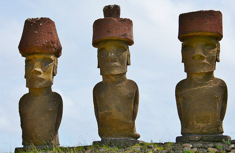 Three Moai With Pukaos