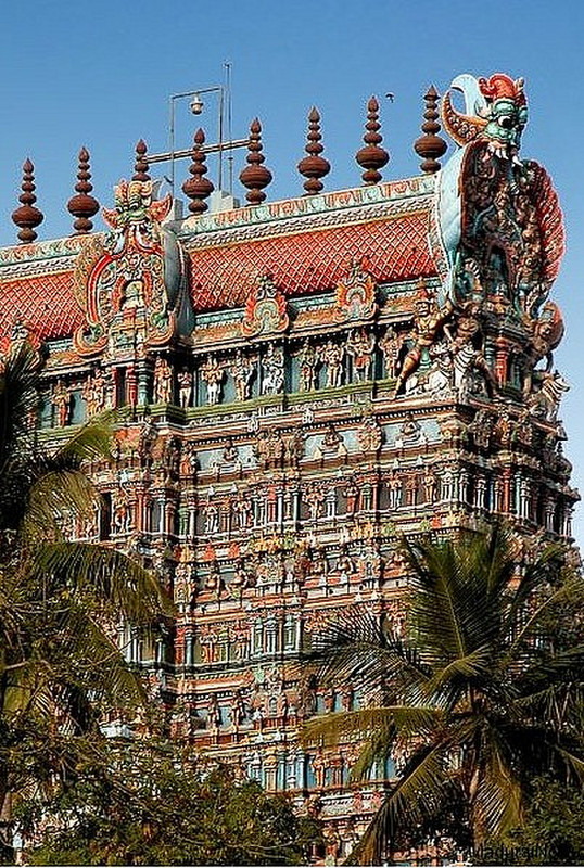 Meenakshi temple with colourful carved paintings.