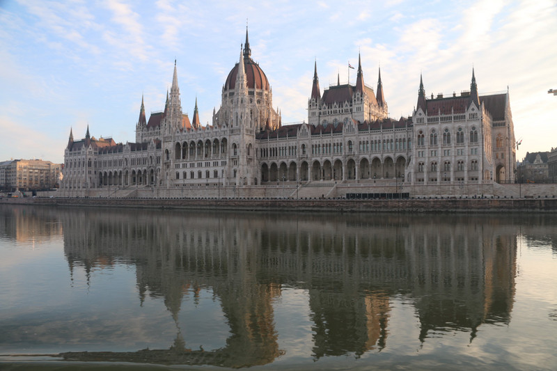 A still Danube and reflections of the Parliament