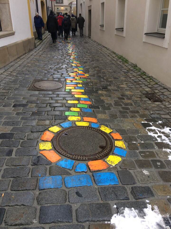 The start of the 'coloured' brick road