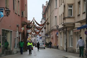 The Christmas decorations spanning the street