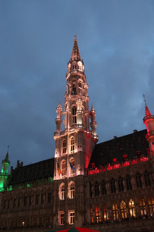 Brussels Town Hall spire at night