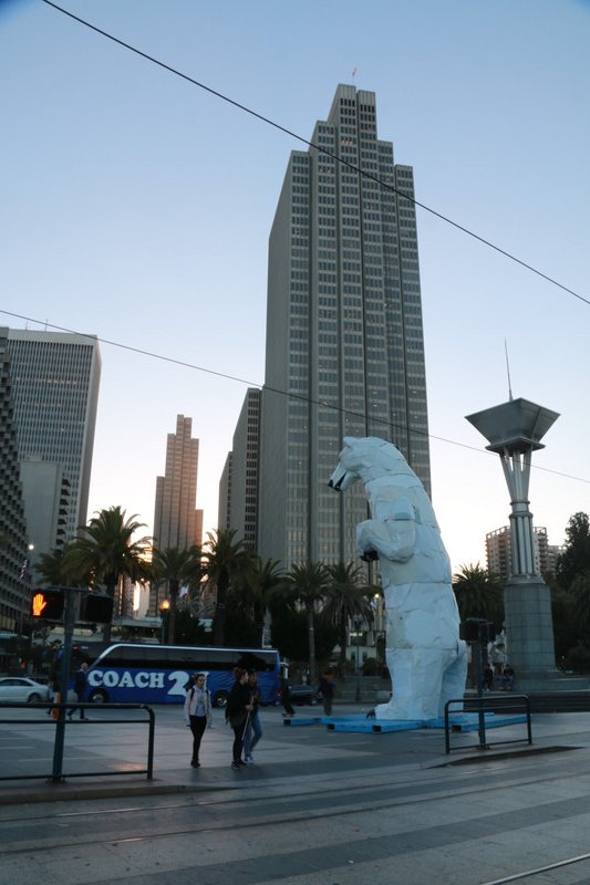 Godzila style Polar Bear invading San Francisco