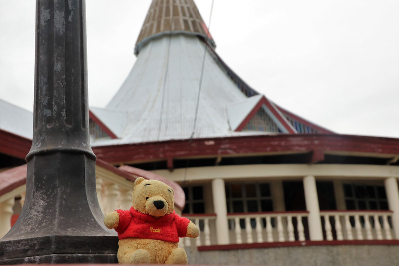 Pooh outside the basilica in Tonga