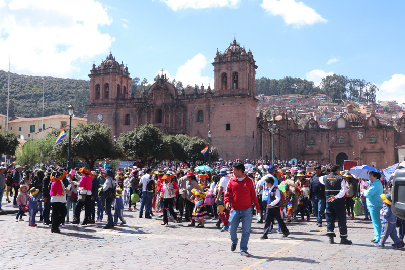The crowds congregate on the main square of Cusco