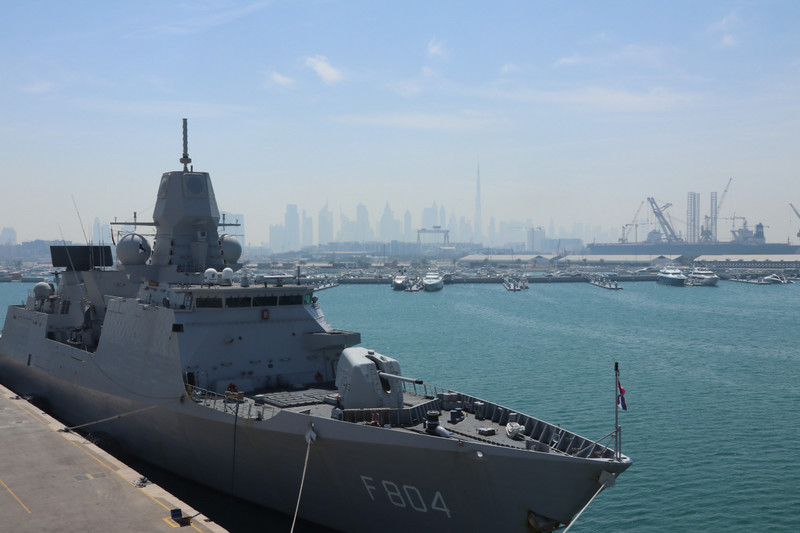 Dutch frigate 'De Ruyter' - deployed by NATO with the Dubai skyline
